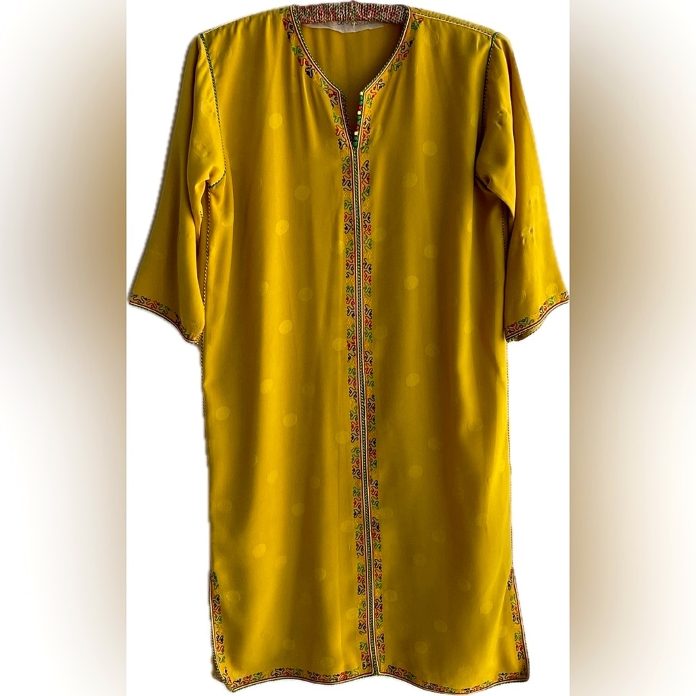 Moroccan vintage, silk embossed circles, embroidered midi dress